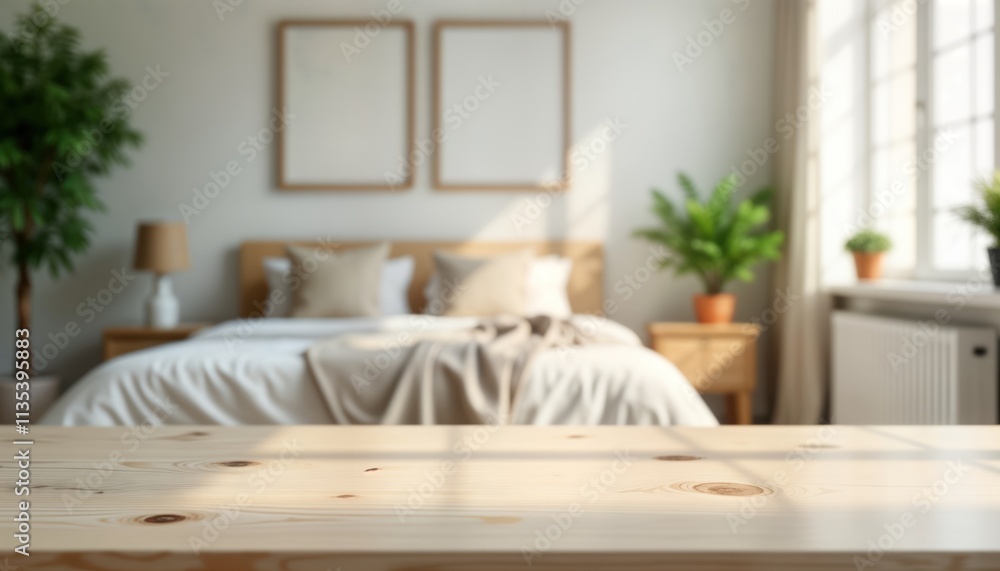 Poster empty light wooden table in front of cozy bright bedroom. natural light streams through window. soft