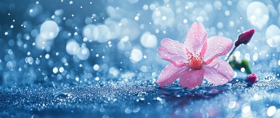 Pink flower blossom with water drops on blue bokeh background.