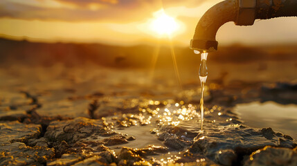 Last Drops of Hope: A single trickle of water flows from a rusty tap against a backdrop of cracked earth and a setting sun, symbolizing scarcity and the urgent need for water conservation. 
