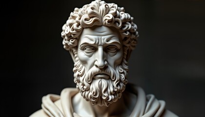 Elegant sculpture of Aristotle ancient Greek philosophy. Detailed craftsmanship highlights historical significance. Expertly rendered bust with flowing hair, beard. Stone-like material used with
