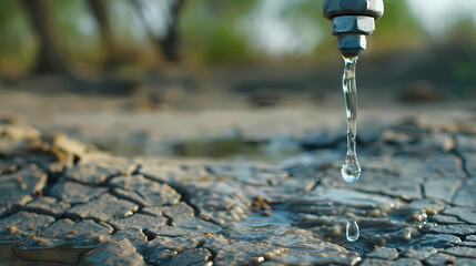 Precious Drops: Water scarcity depicted through a close-up shot of a single tap dispensing water onto parched, cracked earth, highlighting the urgency of water conservation. 