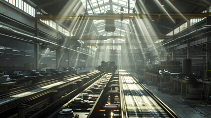 Fototapeta premium Industrial Sunlight: Sunbeams pierce the high ceiling of a vast industrial warehouse, illuminating rows of metal beams and heavy machinery in a dramatic display of light and shadow.