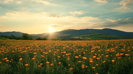 Fototapeta premium Golden Sunset over a Field of Poppies. Nature, Beauty, Tranquility