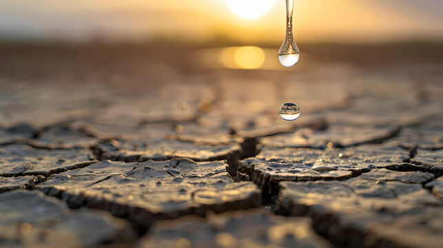 A Drop of Hope: A single droplet of water clings to a cracked earth, signifying the fragility of life and the importance of water conservation.