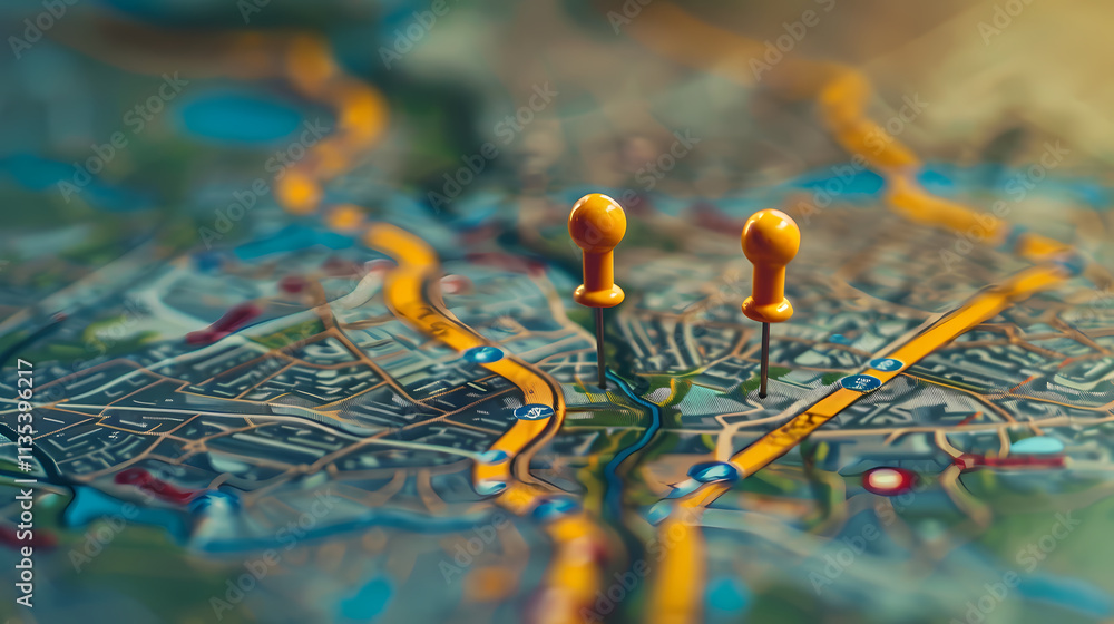 Poster destination unknown: two yellow push pins mark a mysterious location on a detailed map, hinting at a