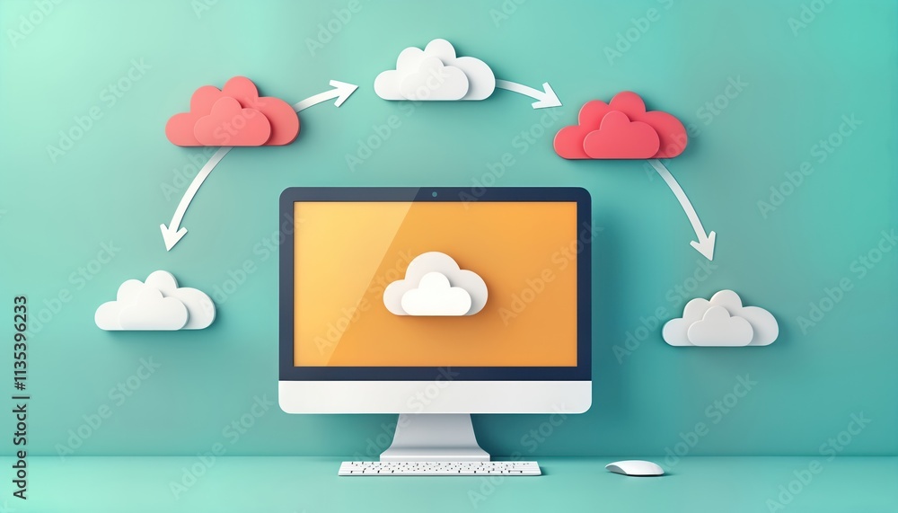 Poster Flat design illustration shows cloud application deployment process. Data transfer between computer, cloud storage visualized with arrows, cloud icons. Computer monitor shows cloud icon on warm