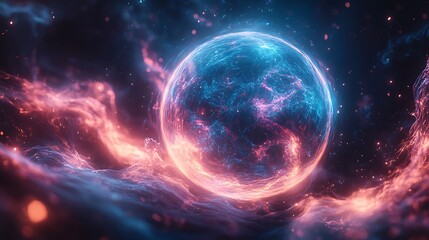 Electric plasma orb blue and pink light rays swirling in dark space abstract quantum science experiment