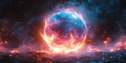 Obraz premium Electric plasma orb blue and pink light rays dark background swirling quantum energy and static discharge