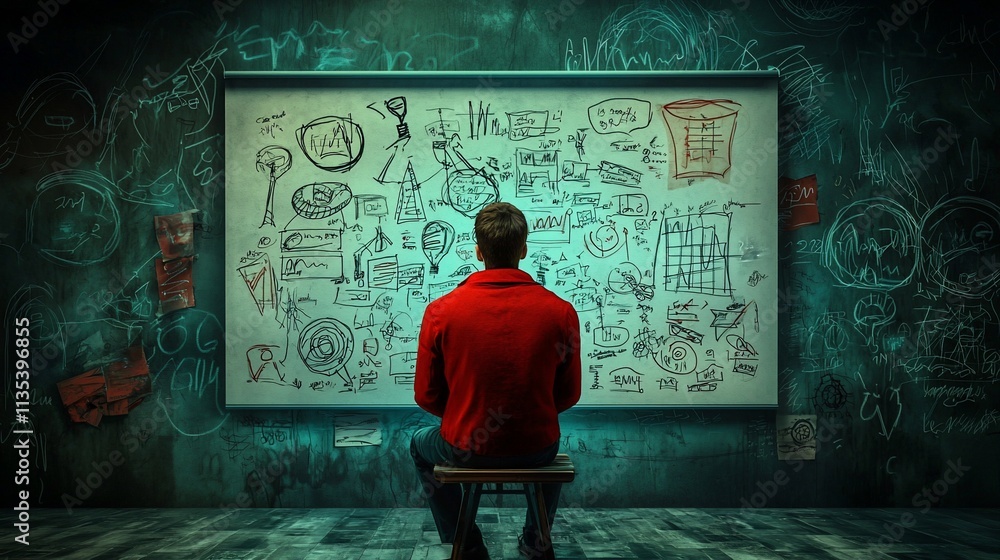Poster man contemplating a complex whiteboard sketch.