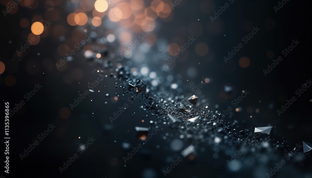 Poster abstract design with dark background, subtle glitter gradient. geometric shapes, particles create mo