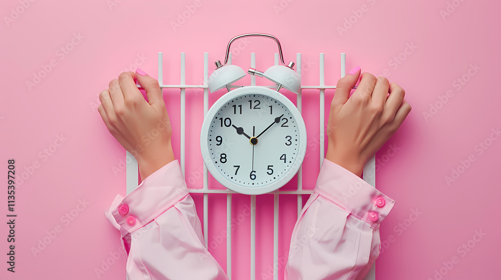 Poster time's grip: a stark and symbolic image of hands gripping a white alarm clock trapped within a white