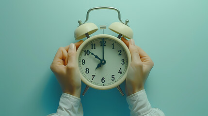 Time Management: Hands gently adjust a vintage alarm clock, symbolizing the delicate balance of time management and the importance of punctuality.  The pastel blue background adds a calming.