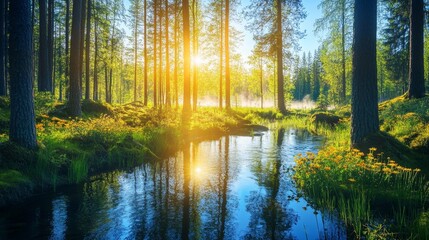 Obraz premium Sunrise in a Lush Forest by a Stream
