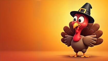 Cute cartoon turkey pilgrim wears festive hat. Friendly, cheerful. Vibrant orange gradient background creates festive Thanksgiving poster vibe. Perfect for autumn harvest celebration holiday