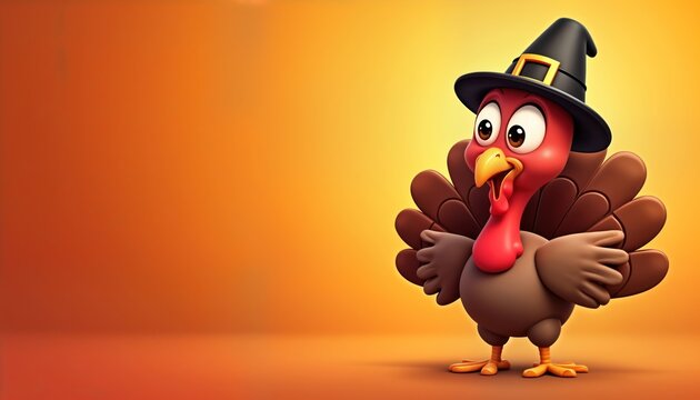 Cute cartoon turkey pilgrim wears festive hat. Friendly, cheerful. Vibrant orange gradient background creates festive Thanksgiving poster vibe. Perfect for autumn harvest celebration holiday