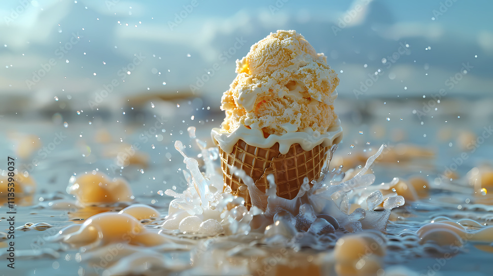 Aufkleber ice cream splash: a scoop of creamy vanilla ice cream in a waffle cone, a delightful summertime trea