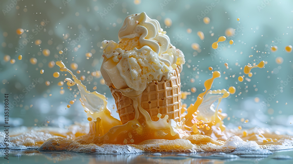 Poster ice cream explosion: a dynamic image of an ice cream cone engulfed in a vibrant explosion of melted 