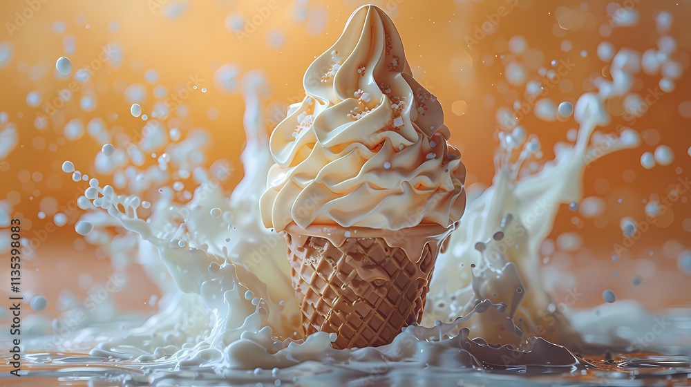 Poster ice cream splash: creamy soft-serve ice cream in a waffle cone explodes in a burst of refreshing mil