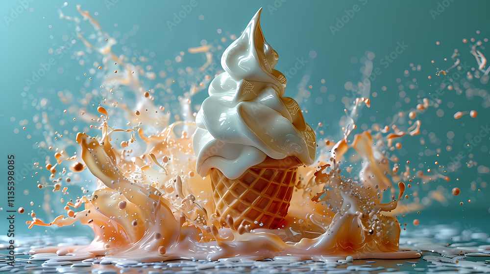 Poster ice cream explosion: a creamy soft-serve ice cream cone explodes in a vibrant splash of liquid, crea