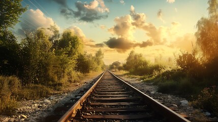Obraz premium Sunset over train tracks through forest. Concept of journey, adventure, and freedom.