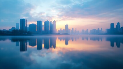Obraz premium Sunrise over city skyline reflected in calm water. Concept of urban landscape, calm, and peace.