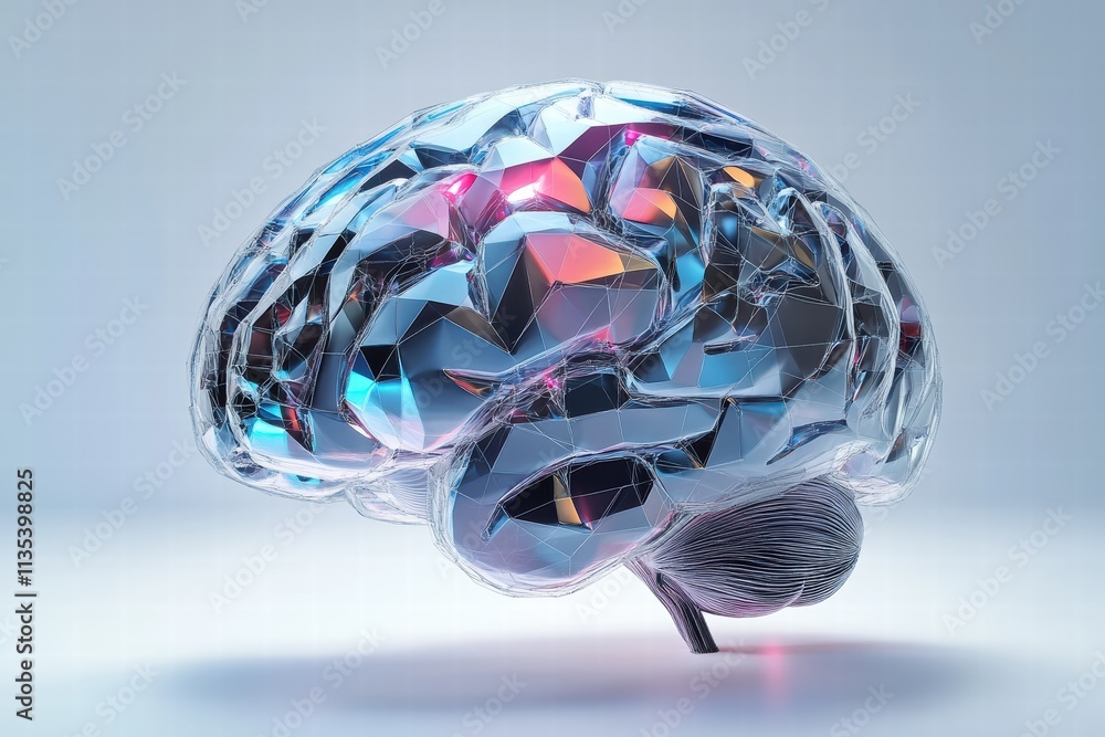 Poster digital three-dimensional model of the human brain showcasing intricate features and colors