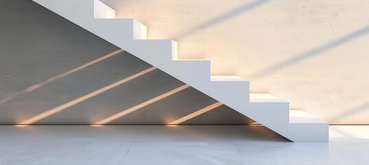 White Staircase With Minimalist Design And Natural Sunlight Shadow, Stairway To Success Concept