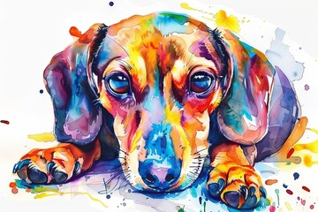 Watercolor painting of a dachshund dog in vibrant colors