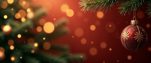 Christmas Tree with Red Ornament on Tree Branch with Golden Lights. Winter Banner.Warmth of the Holidays. Light, Joy, and Christmas Spirit.Holiday Marketing, Christmas Invitations, Festive Wrap Paper.