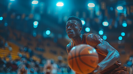 The Drive: A basketball player, illuminated by vibrant blue stadium lights, dribbles the ball with intensity. His focused expression speaks to his determination to dominate the court.