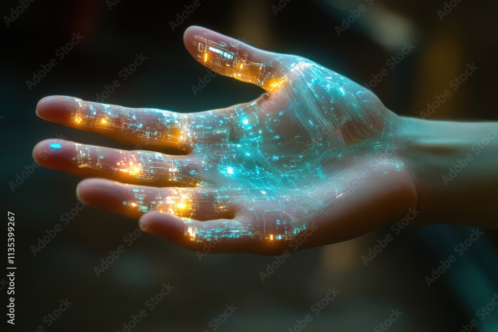 Poster hand with glowing technological interface showcasing advanced integration of technology