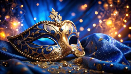 Fototapeta premium Vibrant carnival mask adorned with colorful feathers and ornate details, surrounded by confetti on a rustic wooden surface. A festive and elegant concept for celebrations and masquerades.