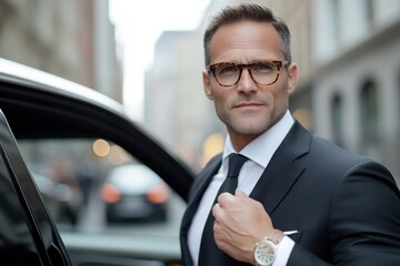A confident middle-aged businessman stands beside a luxury vehicle on a busy street, exuding professionalism and success while dressed in a sleek suit and stylish glasses.