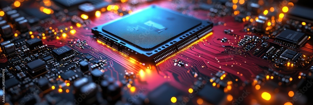 Poster macro shot of a computer chip with vibrant reflections and glowing circuitry