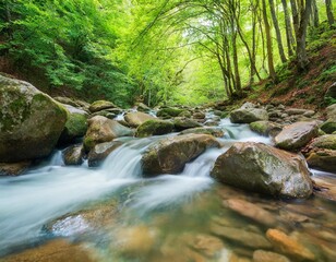 Crystal Clear Mountain Stream Flowing Through Lush Green Forest Under Bright Daylight