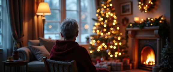 Obraz premium Elderly Woman in Cozy Living Room Looking at Christmas Tree. Holiday Atmosphere.Loneliness and Reflection. Finding Comfort in Holiday Traditions.Invitations, Holiday Marketing, Web Design, Christmas 