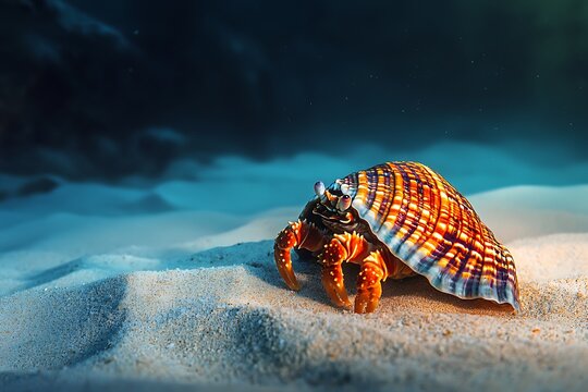 A a hermit crab in a unique shell crawling across a sandy seabed.