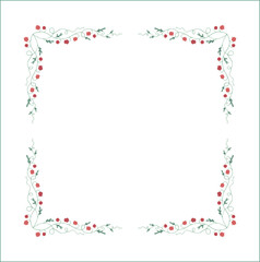 Elegant green vegetal ornamental frame with leaves and red flowers, decorative border, corners for greeting cards. Isolated vector illustration	

