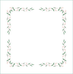 Elegant green vegetal ornamental frame with leaves and small flowers, decorative border, corners for greeting cards. Isolated vector illustration	
