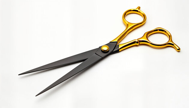 Sharp black metal scissors with gold handles. Isolated on white background. Pro quality tools for hair cutting precise tasks. High-end craftsmanship. Modern design. Fashionable tools. Stylish