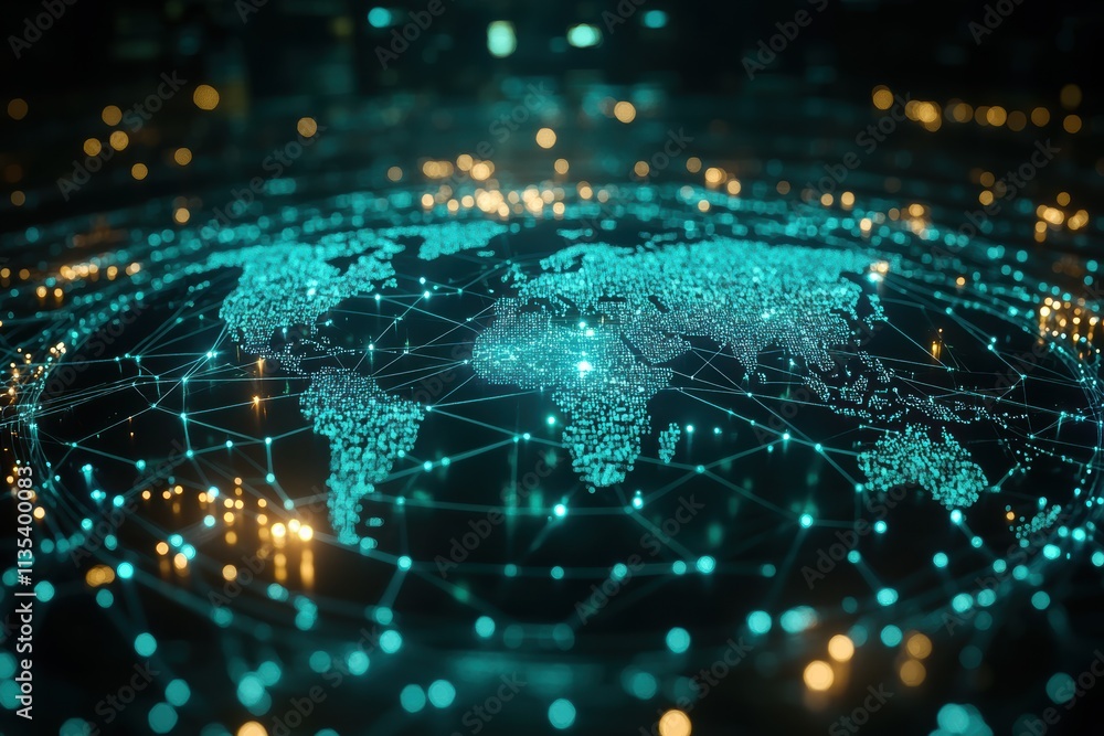 Poster network of interconnected dots representing a digital world map with data connections