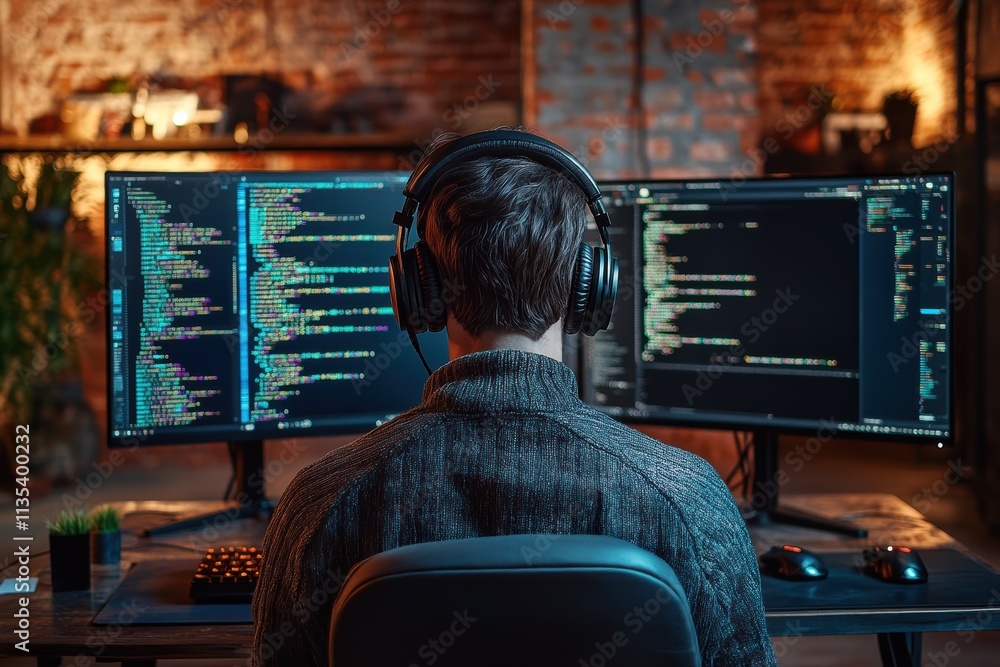 Poster programmer working in a cozy environment with dual monitors and headphones