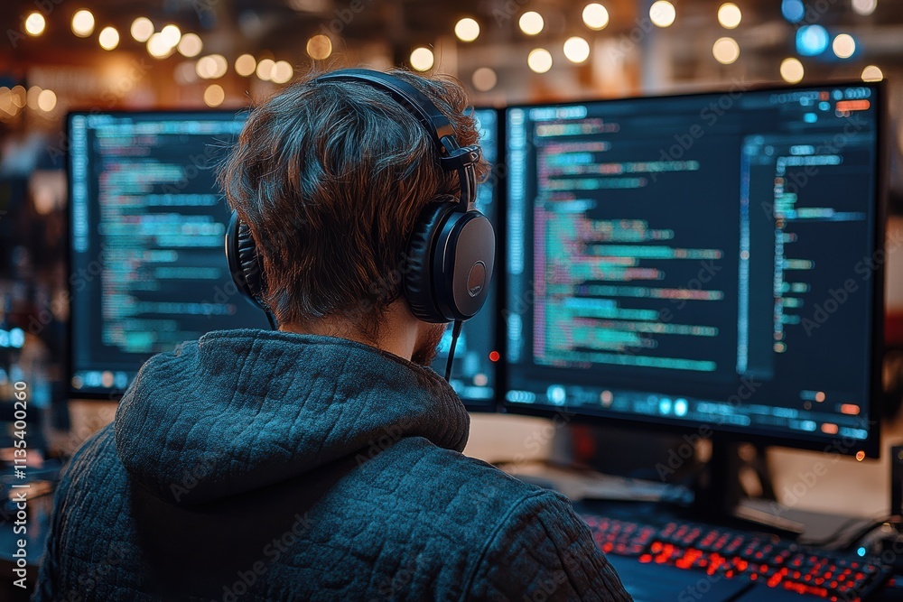 Poster programmer wearing headphones working on dual monitors with code displayed in a tech space