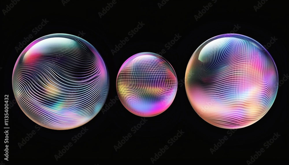 Poster retrofuturistic vaporwave and synthwave elements in holographic shiny circles with glitched wavy pat