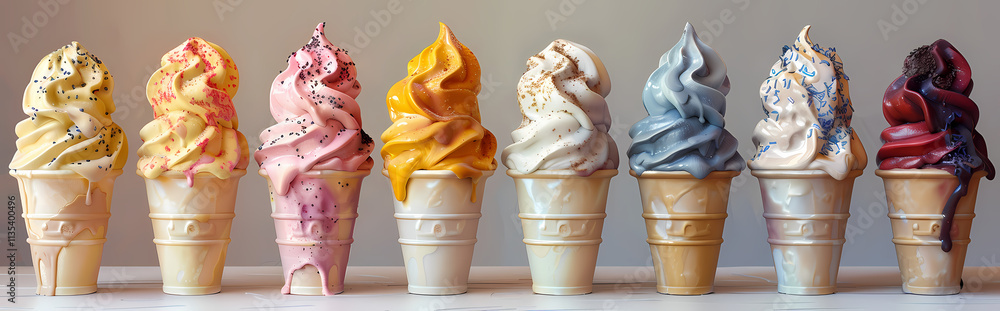 Poster rainbow of ice cream: a vibrant, colorful row of soft serve ice cream cones, each with a unique flav