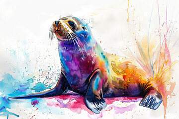A colorful watercolor painting of a fur seal