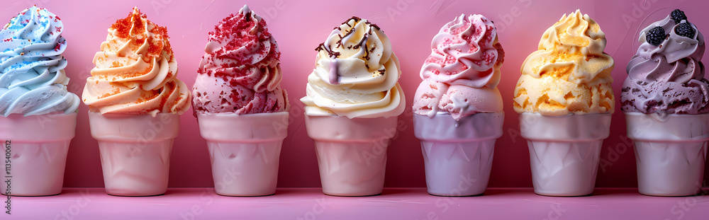 Poster rainbow ice cream cones: a delightful row of colorful ice cream cones, each with a unique swirl of v
