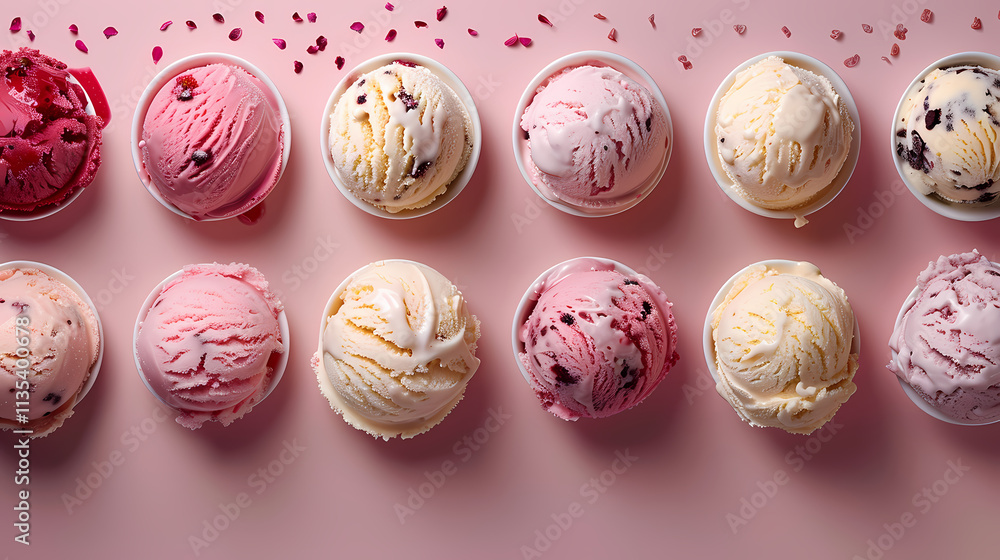 Poster ice cream scoops in a row: a tempting arrangement of assorted ice cream scoops, arranged in a neat r