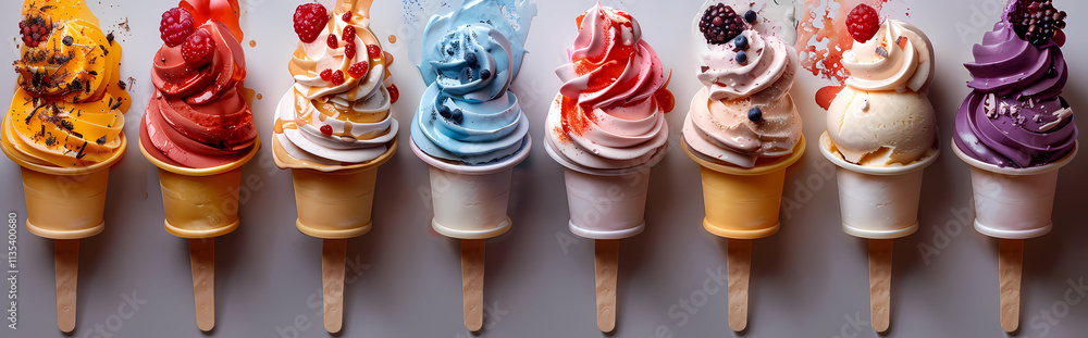 Poster rainbow of ice cream cones: a tantalizing array of colorful soft-serve ice cream cones, each adorned
