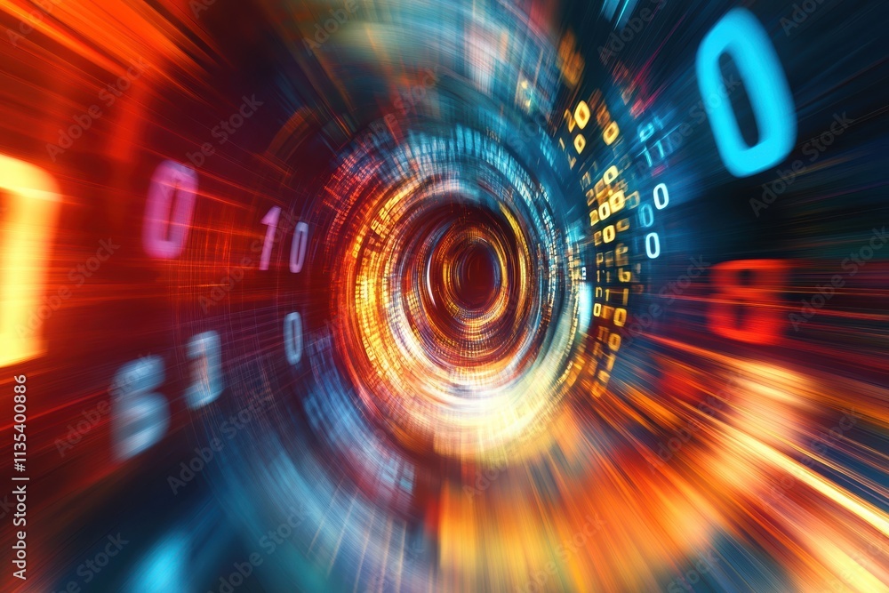 Poster vibrant abstract digital background featuring swirling numbers in a dynamic design